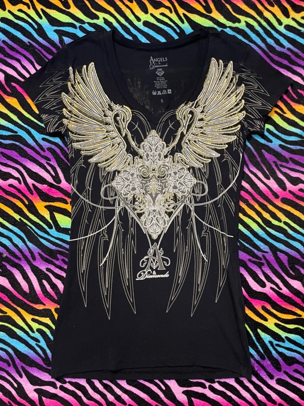 Y2k Affliction Angels Black Women's V Neck Tee with Gold Wing Graphic